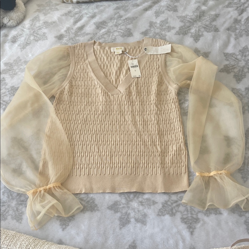 Maeve Cream Textured Blouse with Sheer Sleeves